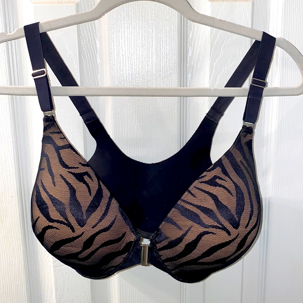 Soma The Vanishing Back Front Closure Zebra Mesh Black and Tan Bra, Size 34DD